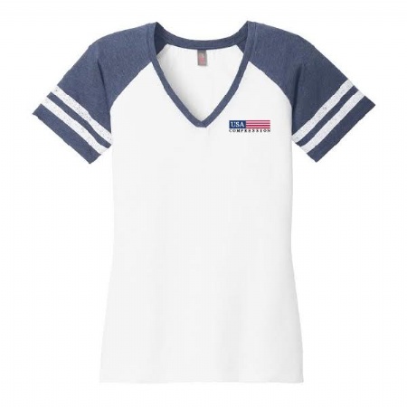 Ladies V-Neck T-Shirt - White/Navy